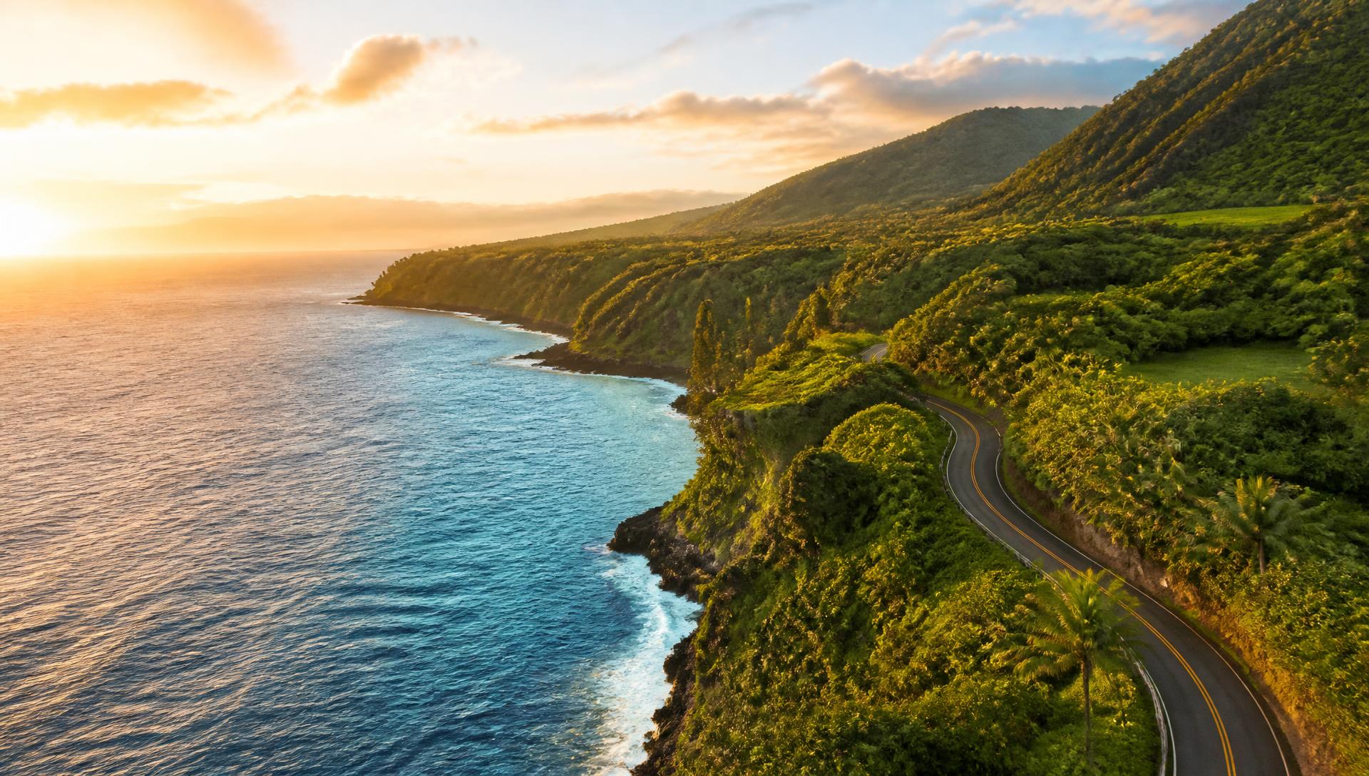 Aerial view of the Road to Hana winding along the Maui coastline at sunset